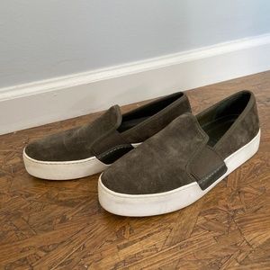 Olive green suede platform loafers